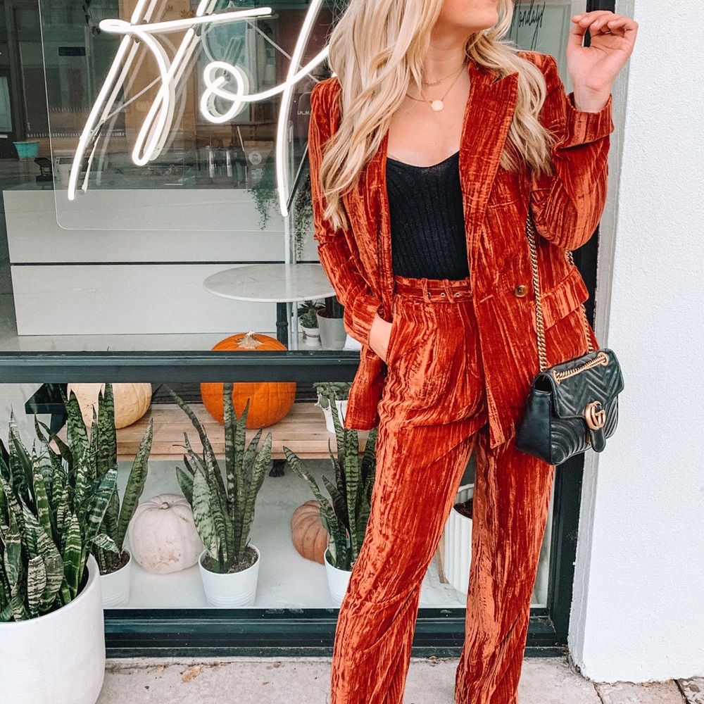 Orange velvet pant suit